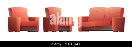 Red armchair and sofa. Classic, simple upholstered furniture to sit and lie down. Set of objects isolated on white background. Side view. Vector. Stock Vector