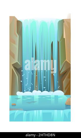 Waterfall among rocks. Cascade shimmers downward. Water flowing. Cool cartoon style. Object isolated on white background. Vector. Stock Vector