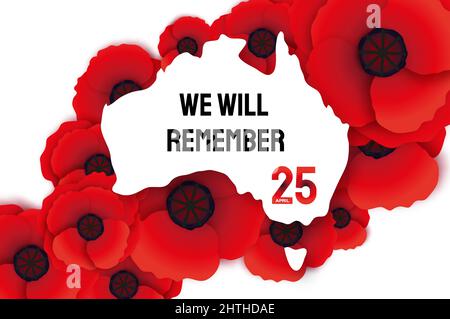 Anzac day with Bright Red Poppy flower in paper cut style. Lest we forget. National Day of Remembrance in Australia and New Zealand. April 25 Stock Vector