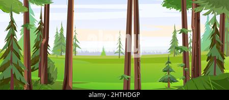 Panoramic view from coniferous forest. Beautiful summer landscape with trees. Green pines and ate. Illustration in cartoon style flat design. Vector. Stock Vector