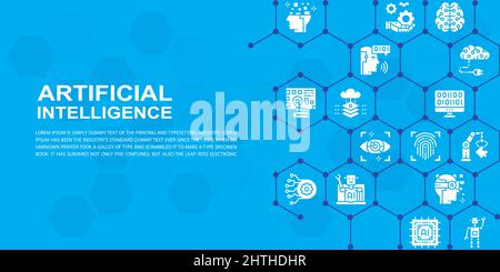 Artificial Intelligence web page design template. Robotics, Chatbot, Database, Big Data banner for website header and landing page, infographic. Stock Vector