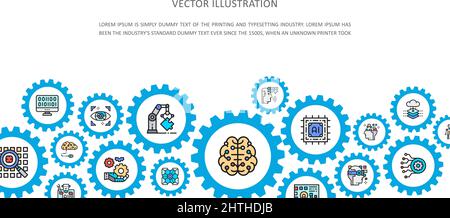 Artificial Intelligence landing page with colored icons. Robotics, Chatbot, Database, Big Data business icon banner. Vector illustration Stock Vector