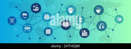 Artificial Intelligence icons infographic banner. Robotics, Chatbot, Database, Big Data vector illustration for presentation banner. Stock Vector