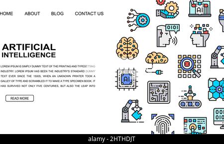 Artificial Intelligence landing page design template. Robotics, Chatbot, Database, Big Data illustration for website design, business presentation Stock Vector
