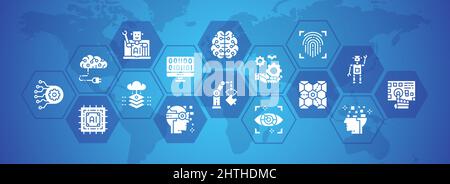 Artificial Intelligence icons banner. Robotics, Chatbot, Database, Big Data infographic vector illustration Stock Vector