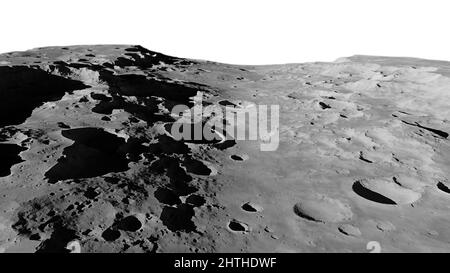 Moon surface, lunar landscape with impact crater isolated on white background Stock Photo