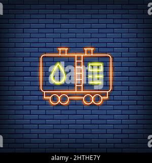 Vector oil tank, petroleum wagon with fuel neon sign. Stock Vector