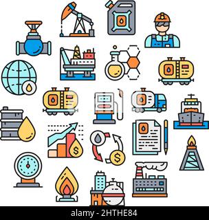 Oil industry icons set. Fuel Truck, Engineer, Gasoline, Cargo Ship icons banner in a circle isolated on white background. Stock Vector