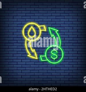 Vector oil exchange, water transfer, convert neon sign. Stock Vector