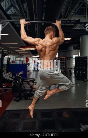 Muscular strong man exercising in the sport gym, Man doing horizontal push- ups with bars in gym. Background gym with copy space Stock Photo - Alamy