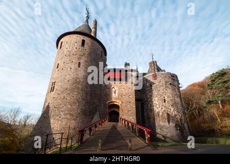 Beautiful exterior view of the Castell Coch in Cardiff, Wales against a cloudy blue sky Stock Photo