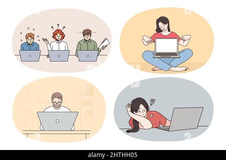 Set of diverse people work online on laptops on lockdown. Collection of men and women freelancers study or browse internet on computers. Technology and remote job. Vector illustration.  Stock Vector