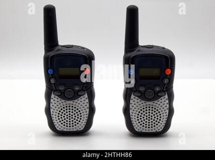 Portable Walkie-Talkie sets isolated on white background. Vintage technology Stock Photo