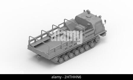 3D rendering of a people carrier army truck on caterpillar tracks in isolated empty studio background. Stock Photo