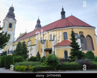 Wide angle view of Saint Bartholomew Church in the town of Gyöngyös, Hungary Stock Photo