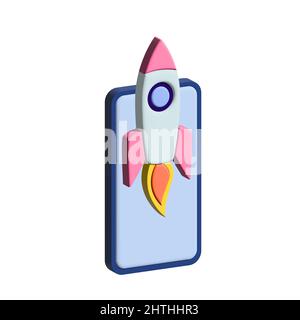 Start up rocket on smartphone. Launch app 3d. 3d vector.  Stock Vector