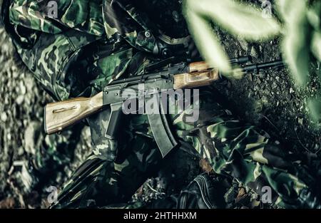 Dead soldier. Dead soldier killed russian soldiers. Stock Photo