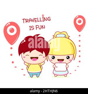 Cute traveler friends boy and girl with tablet and pin map. Two little travellers. Inscription Travelling is fun. Can be used for kids room poster, pr Stock Vector