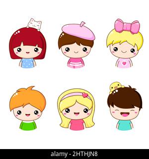Collection of member icon - cute little girl and boy. Kawaii user portrait set. Cute cartoon characters. Baby collection of avatars with children. Chi Stock Vector
