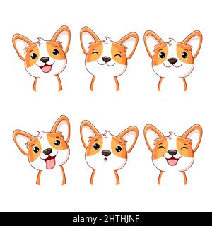 Set of kawaii member icon. Cute cartoon dog. Baby collection of avatars with corgi puppy. Corgi with different emotion - funny, happy, surprised, stic Stock Vector