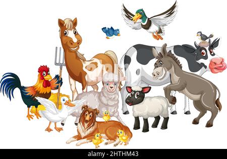 A group of animal farm on white background illustration Stock Vector