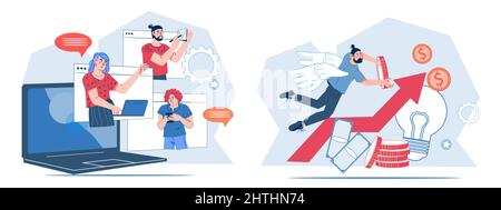 Business online conference and investments set. Business people taking part in business meetings, negotiations, brainstorming and online communication Stock Vector