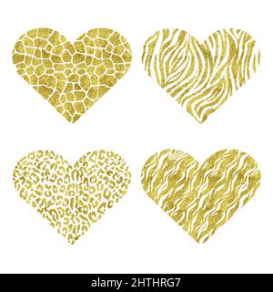 Hearts with animal print. Gold metallic vector illustration Stock Vector