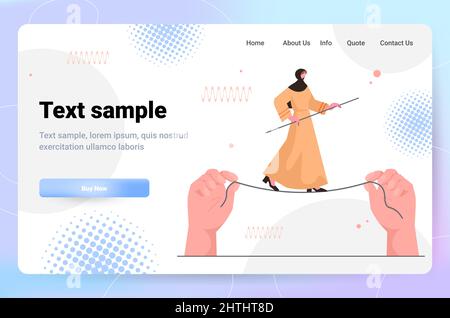 arab business woman walking on balancing tight rope risk challenge help in business concept horizontal Stock Vector