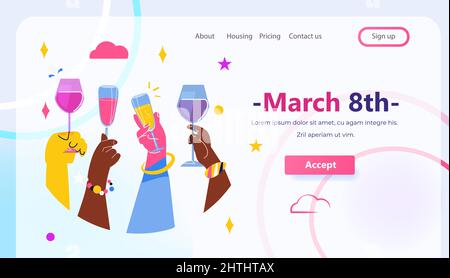 mix race hands holding glasses of champagne international happy womens day celebration concept 8th march greeting card Stock Vector