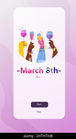 mix race hands holding glasses of champagne international happy womens day celebration concept 8th march Stock Vector