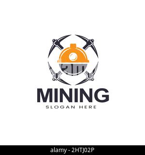 Retro mining logo with hard hat helmet and two axes Vector illustration, symbol, design icon Stock Vector