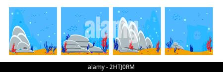 Set of backgrounds of the underwater world. Seascapes of sandy bottom, rocks and algae. Cartoon illustration of the bottom of the ocean. Stock Vector