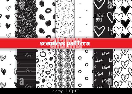 Seamless Patterns Set with Hearts and Love. Vector Retro Polka Dot Prints. Valentine's Day Illustrations Stock Vector