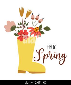Hello Spring! - Colorful pastel Easter rainbow greeting card. Boho elements with bunny, basket, rabbit, flowers and butterfly. Stock Vector
