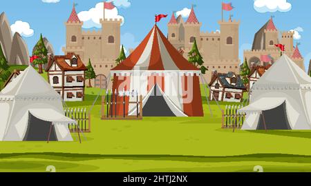 Medieval town scene camp with tents and castle illustration Stock ...