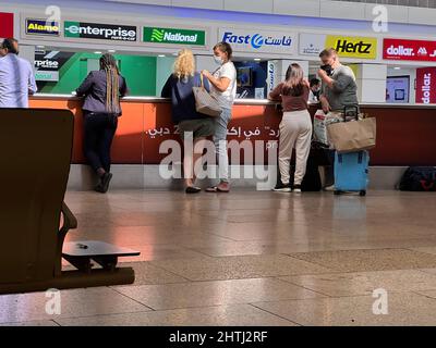 UAE, Dubai - December 02, 2021: Dubai International Airport Arrival lounge. Flight Information Board Stock Photo