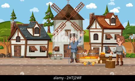 Medieval town scene with villagers illustration Stock Vector Image ...