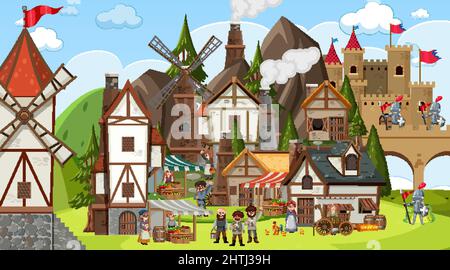 Medieval town scene with villagers illustration Stock Vector Image ...