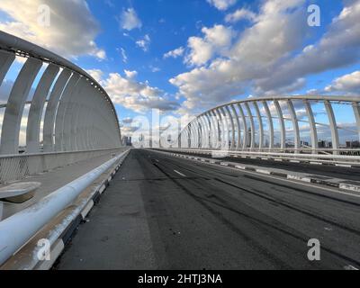 Maidan Bridge Dubai with Dubai Skyline. Roads and bridges UAE Stock Photo