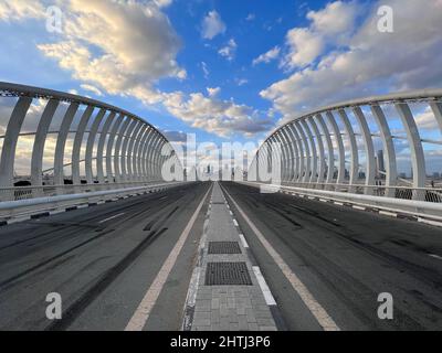 Maidan Bridge Dubai with Dubai Skyline. Roads and bridges UAE Stock Photo