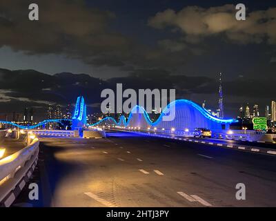 Maidan Bridge Dubai with Dubai Skyline. Roads and bridges UAE Stock Photo