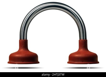 Red rubber plunger with a handle in the shape of a curved stainless steel pipe, isolated on white background with copy space and shadows. Stock Photo