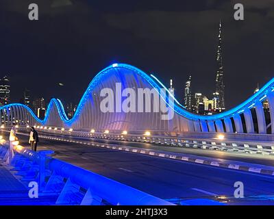 Maidan Bridge Dubai with Dubai Skyline. Roads and bridges UAE Stock Photo