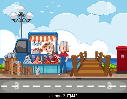 Outdoor scene with fresh fish seafood market stall illustration Stock Vector