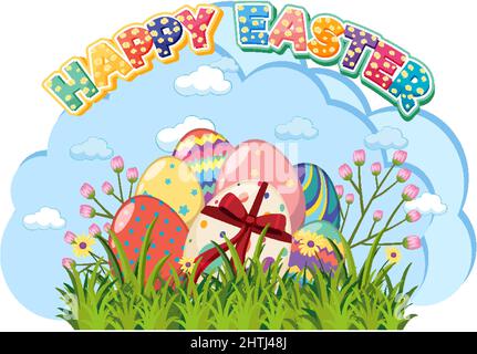 Happy Easter design with decorated eggs in garden illustration Stock Vector