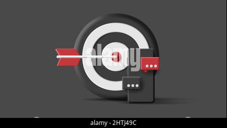 3d render illustration of a big target board with arrow in the center with black smartphone with push messages pop from the screen, trendy monochrome Stock Vector