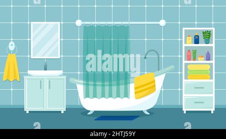 Modern bathroom interior with bath, sink, mirror and wardrobe, vector illustration Stock Vector