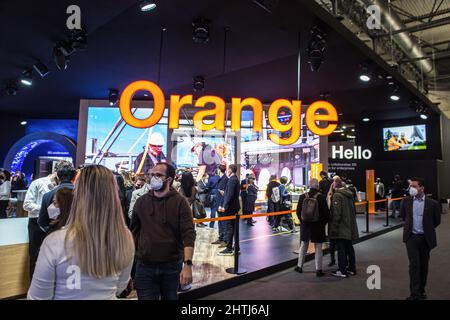 Barcelona, Spain. 28th Feb, 2022. An Orange booth seen during the first day of Mobile World Congress 2022 (MWC) at the Fira de Barcelona. Credit: SOPA Images Limited/Alamy Live News Stock Photo