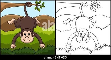 Monkey Coloring Page Colored Illustration Stock Vector
