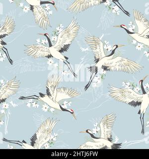 Decorative kimono floral motif background pattern with crane and flowers vector illustration Stock Vector